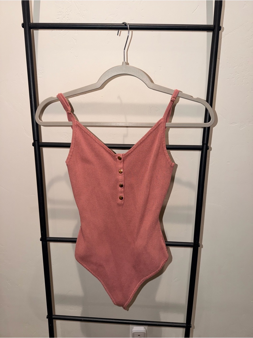 love, Fire Ribbed Button-Front One-Piece in Dusty Pink